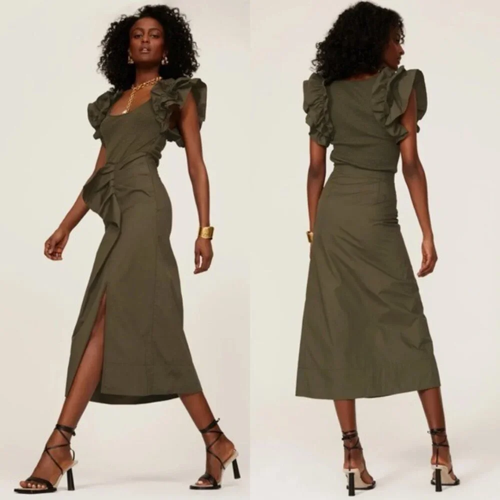 Ulla Johnson Isabella Ruffle Dress XL Military Melange Draped Midi Green - Picture 5 of 13